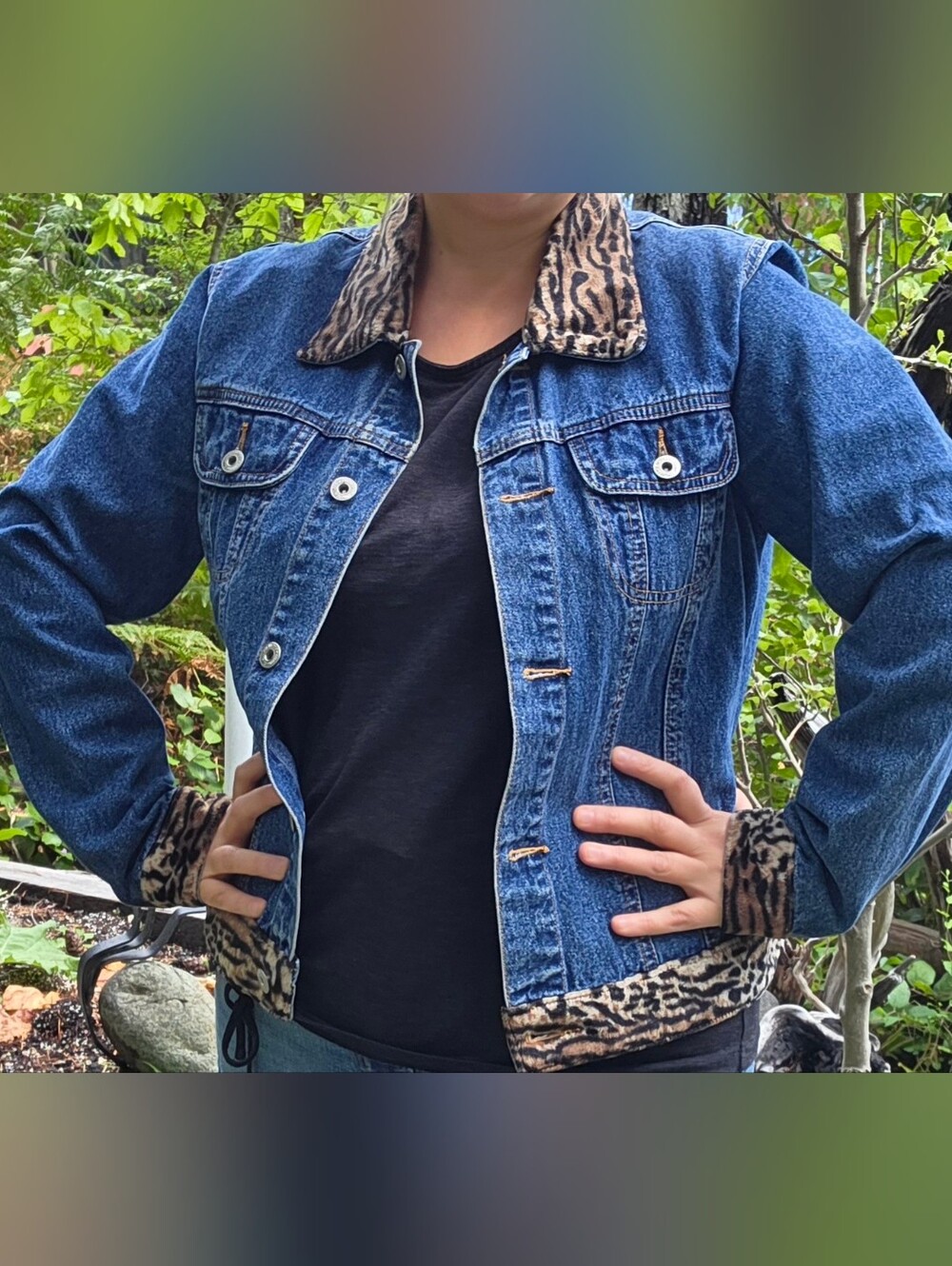 Vintage Blue Denim EAST WEST Jacket with Leopard Collar & Hem